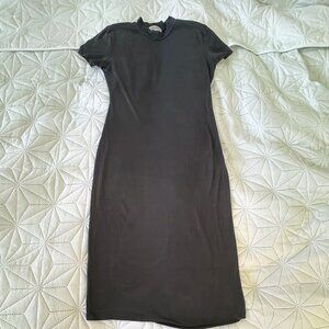 Black Mock Neck Bodycon Midi Dress Stretchy T-Shirt Dress 90s Minimalist